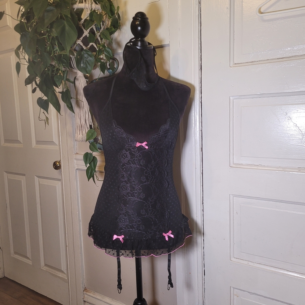 Black & Pink Lace Lingerie Matching Adjustable Thong